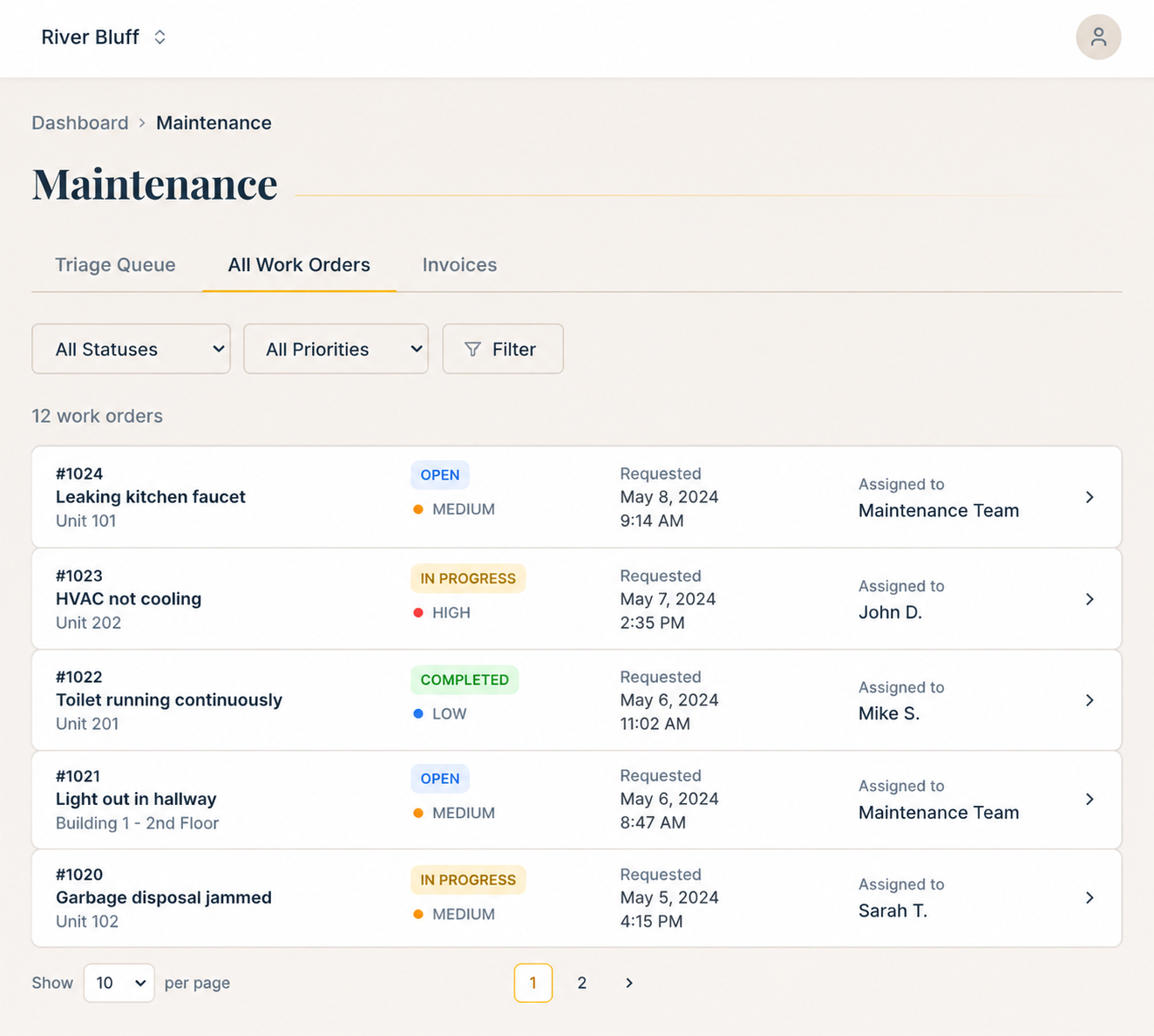 Maintenance screen